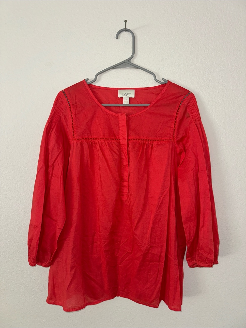 LOFT Women’s Red Coral Cotton Popover Blouse Size Large